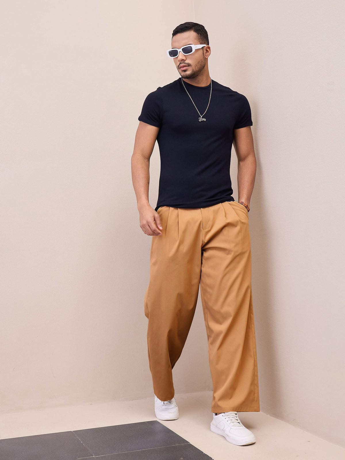 Brown Front Pleated Korean Pants-MASCLN SASSAFRAS