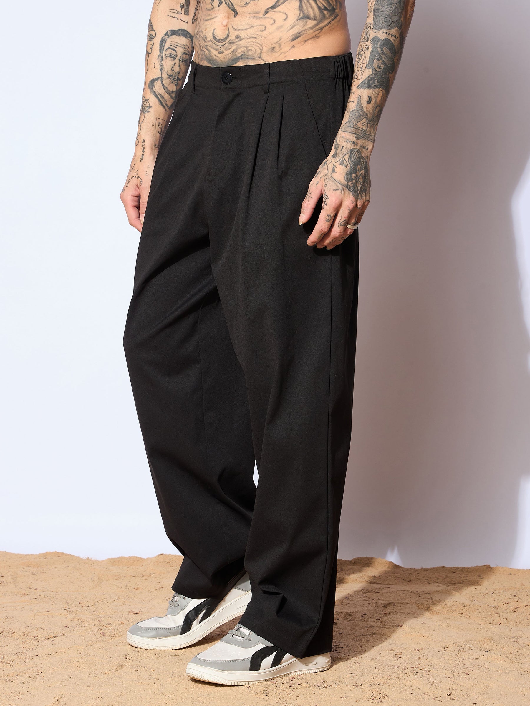 Black Front Pleated Korean Pants-MASCLN SASSAFRAS