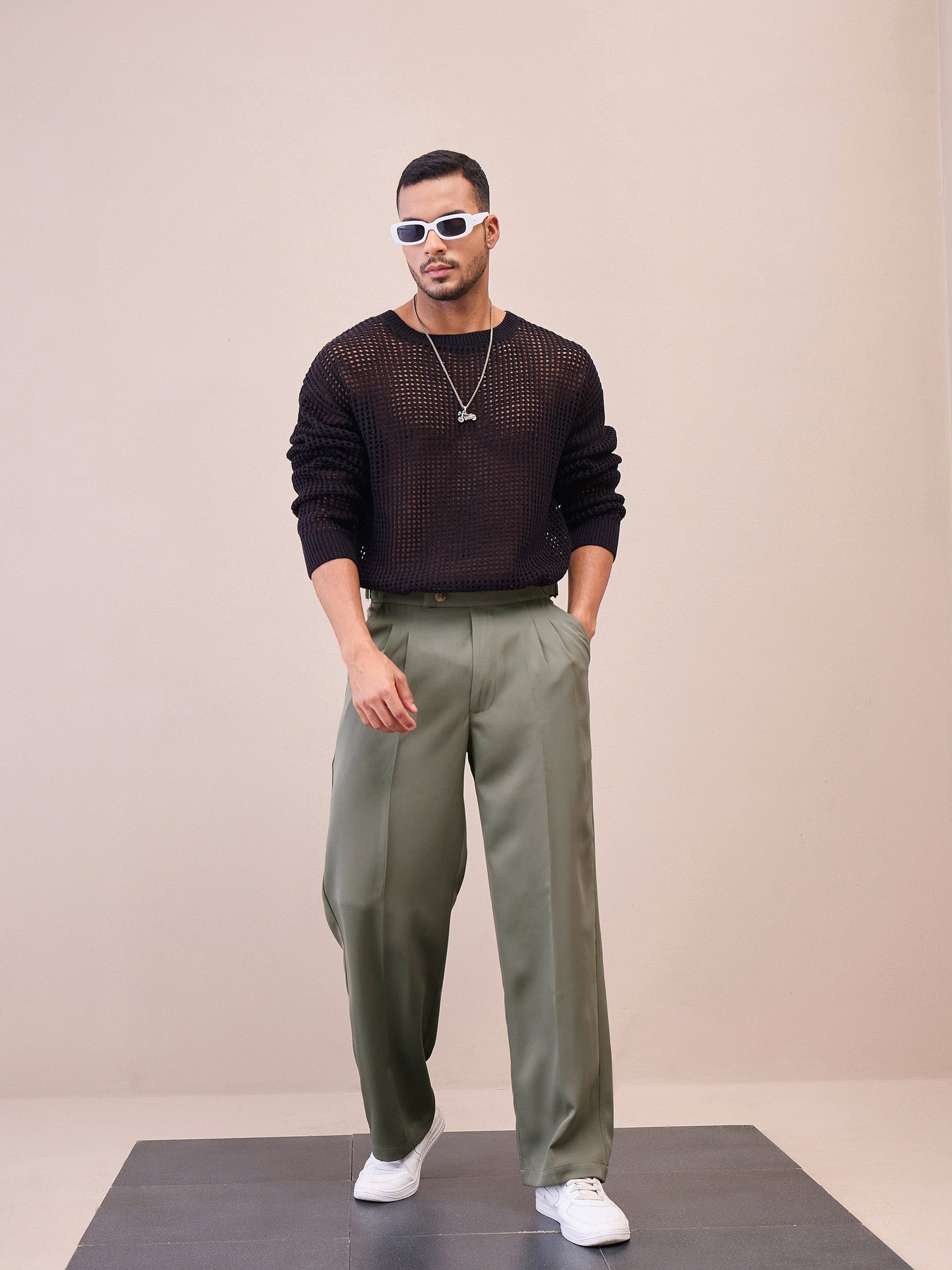 Green Korean Relax Fit Trousers-MASCLN SASSAFRAS