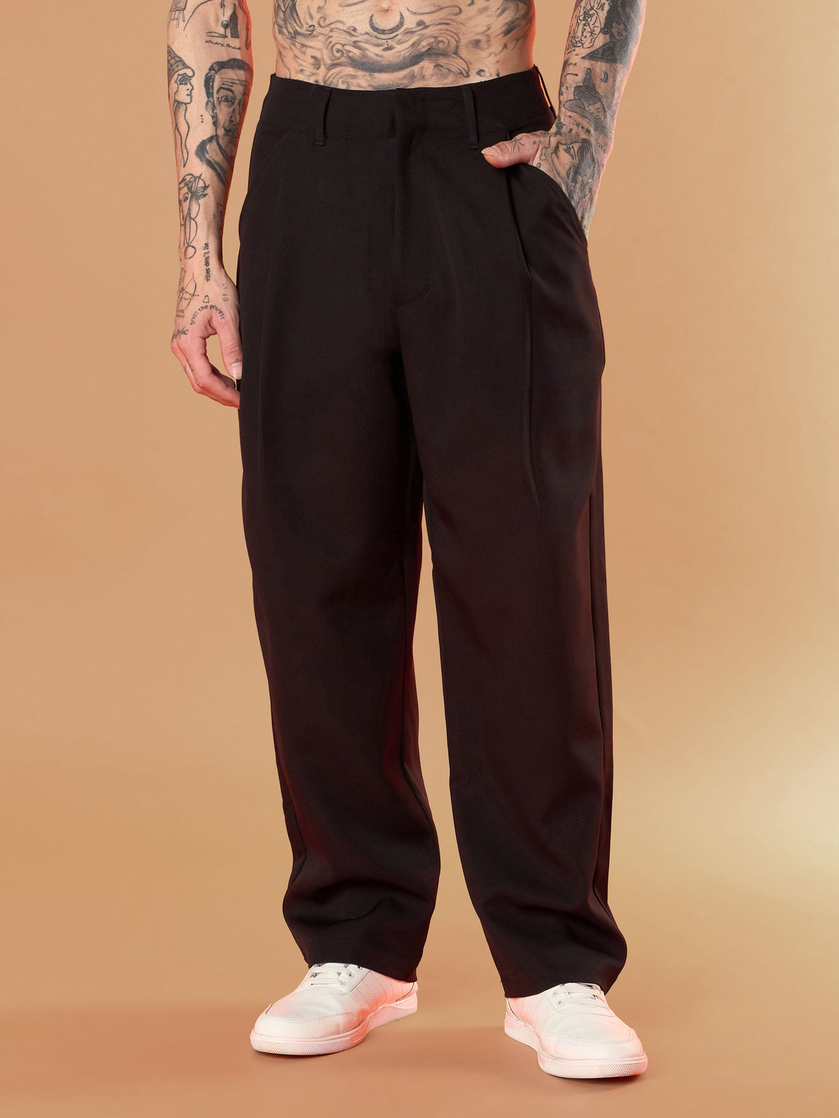 Black Straight Pleated Trousers-MASCLN SASSAFRAS