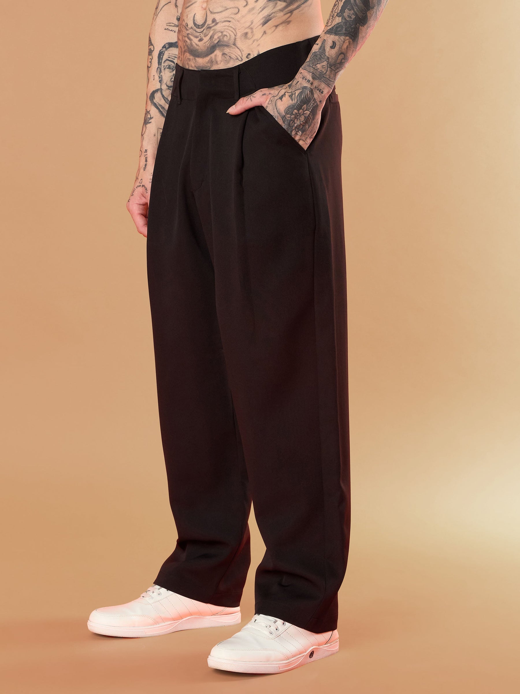 Black Straight Pleated Trousers-MASCLN SASSAFRAS