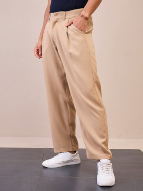 Beige Straight Pleated Trousers-MASCLN SASSAFRAS