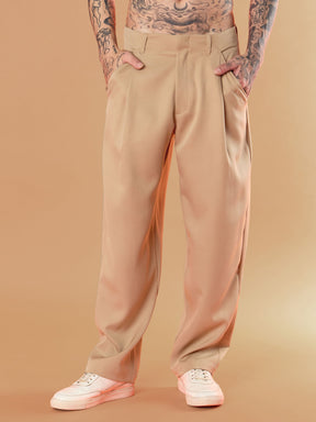 Beige Straight Pleated Trousers-MASCLN SASSAFRAS