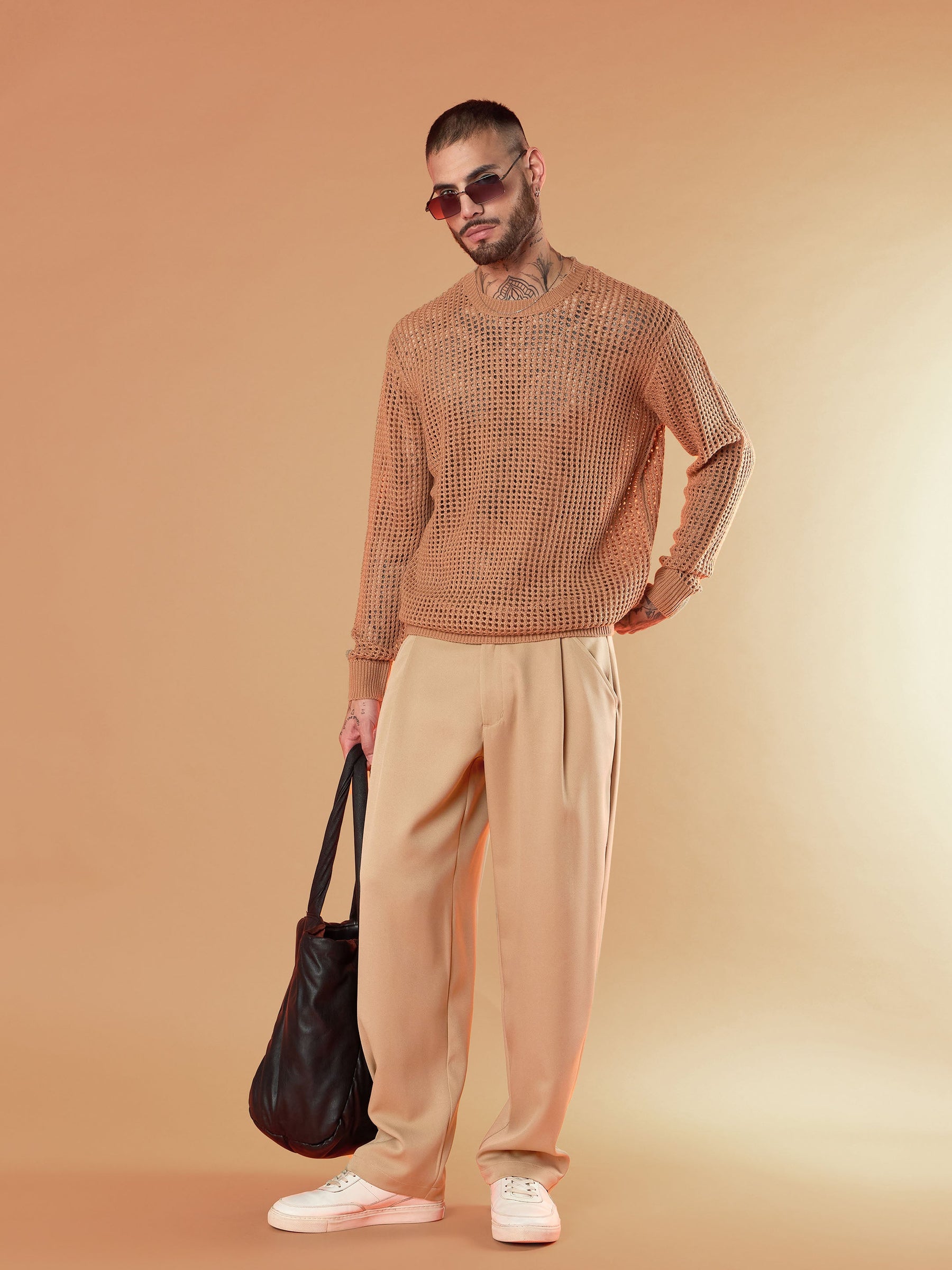 Beige Straight Pleated Trousers-MASCLN SASSAFRAS