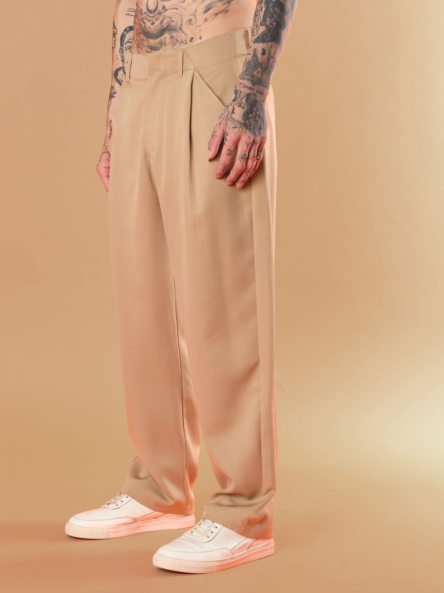 Beige Straight Pleated Trousers-MASCLN SASSAFRAS