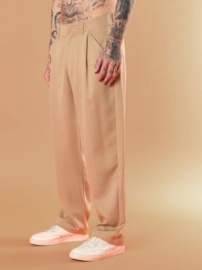 Beige Straight Pleated Trousers-MASCLN SASSAFRAS