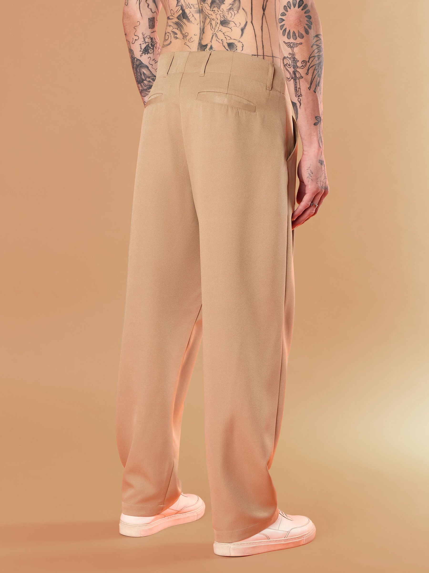 Beige Straight Pleated Trousers-MASCLN SASSAFRAS