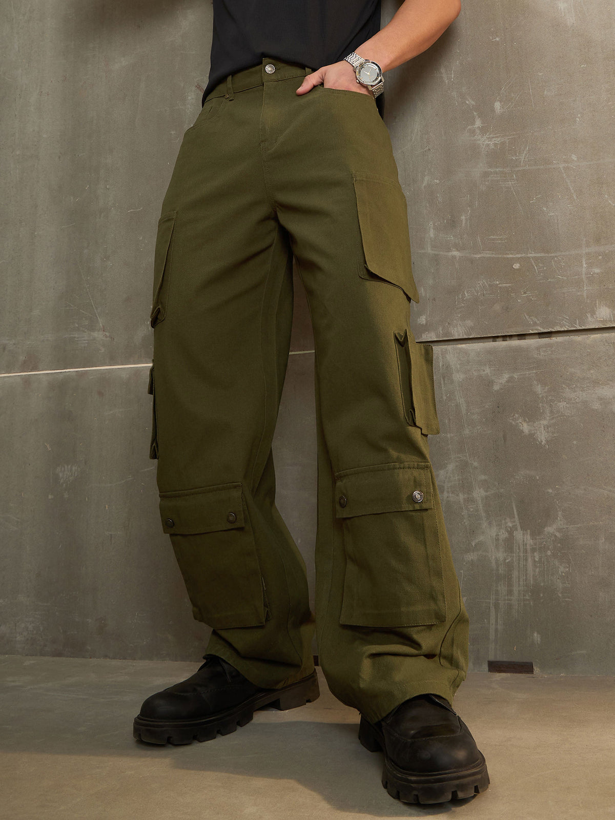 Green Twill Utility Pockets Wide Leg Cargo Pants-MASCLN SASSAFRAS