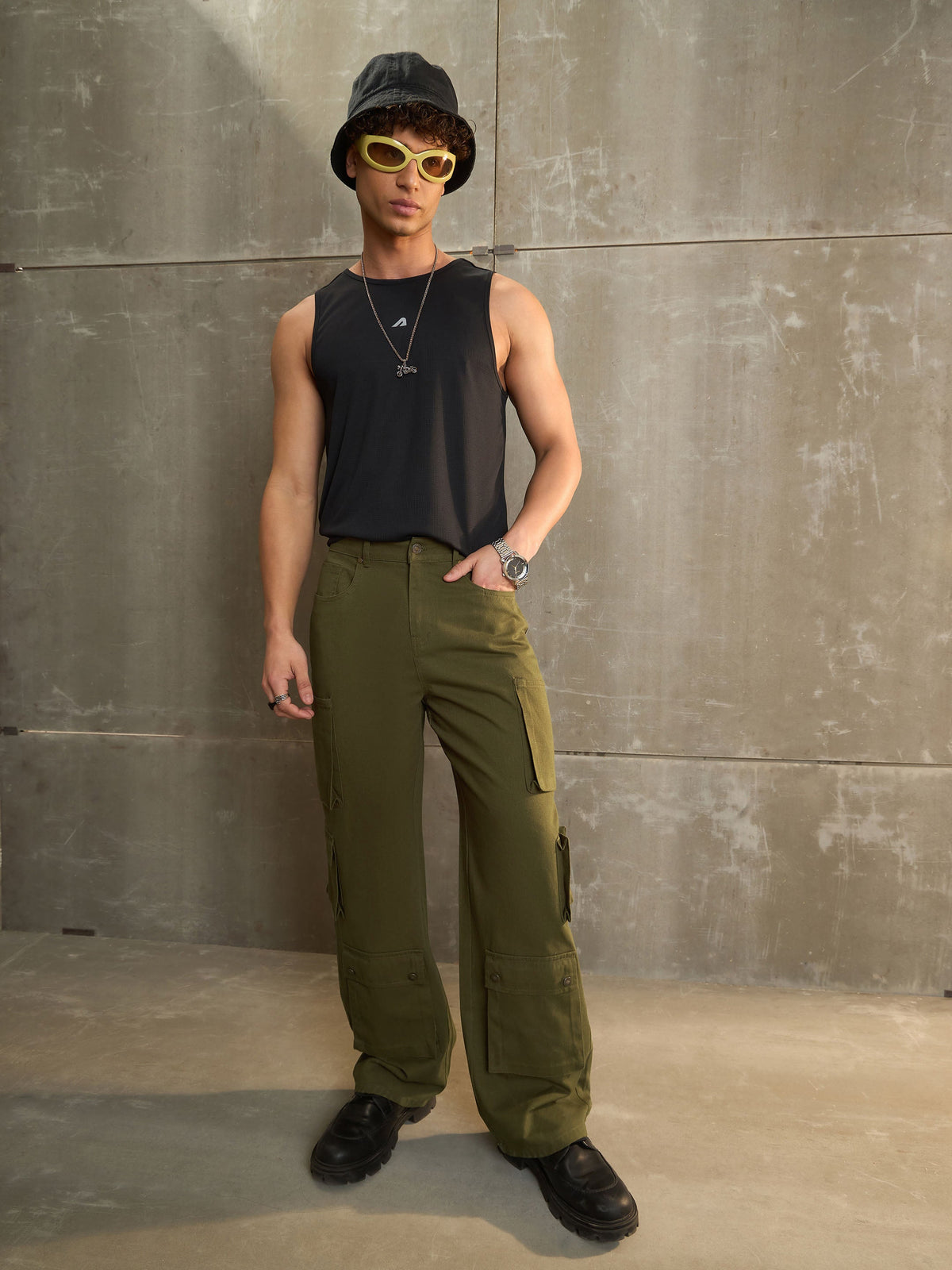 Green Twill Utility Pockets Wide Leg Cargo Pants-MASCLN SASSAFRAS