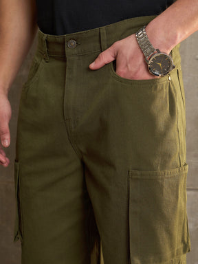 Green Twill Utility Pockets Wide Leg Cargo Pants-MASCLN SASSAFRAS