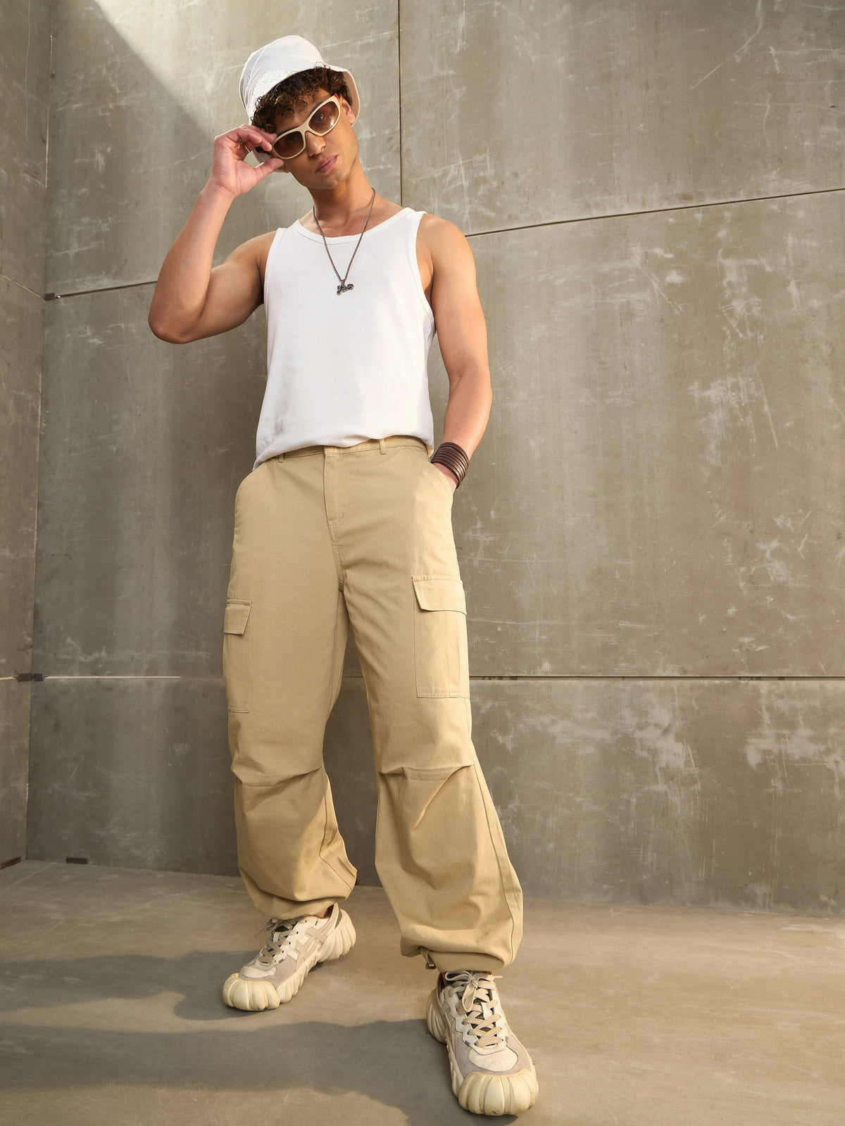 Beige Twill Facing Detail Wide Leg Cargo Pants-MASCLN SASSAFRAS