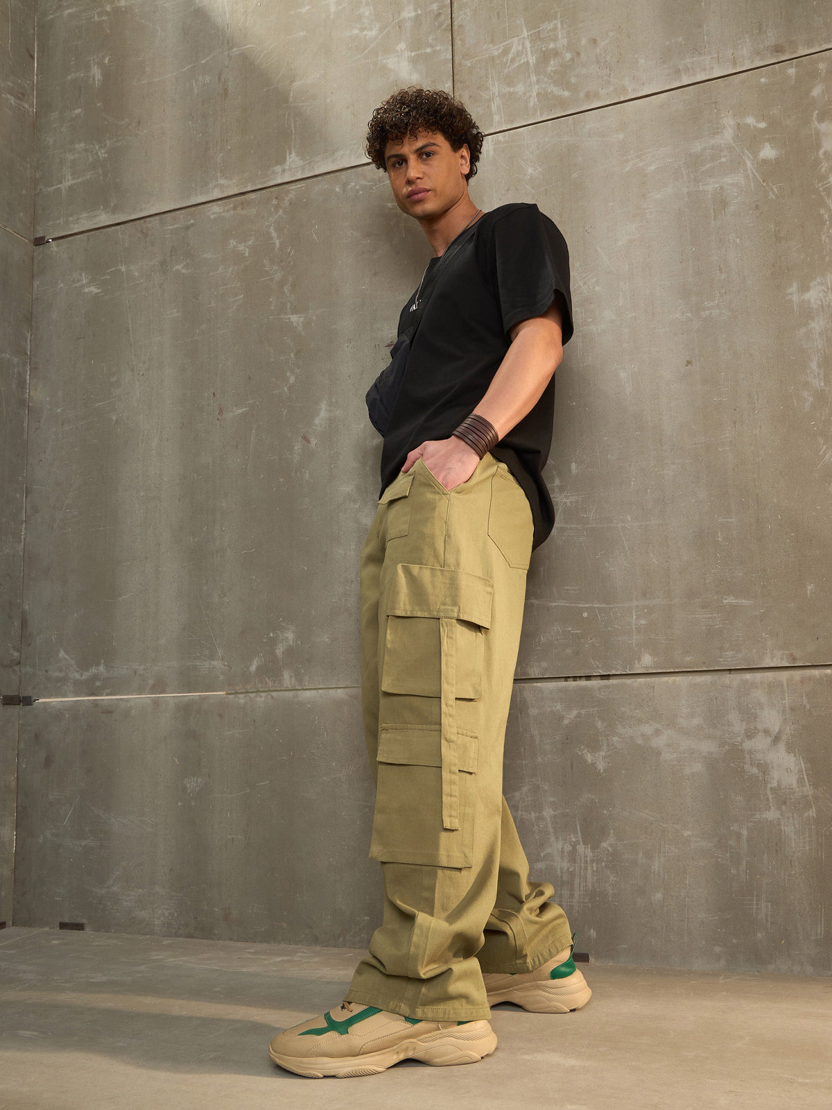 Olive Twill Cargo Pockets Wide Leg Pants-MASCLN SASSAFRAS