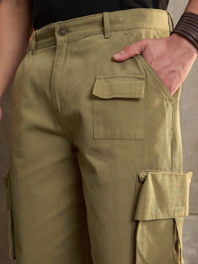 Olive Twill Cargo Pockets Wide Leg Pants-MASCLN SASSAFRAS