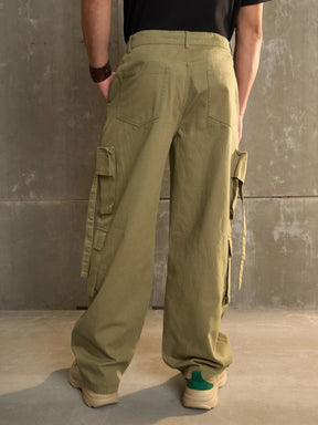 Olive Twill Cargo Pockets Wide Leg Pants-MASCLN SASSAFRAS
