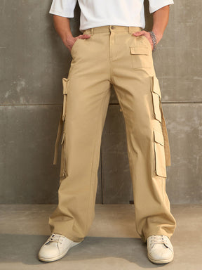 Beige Twill Cargo Pockets Wide Leg Pants-MASCLN SASSAFRAS