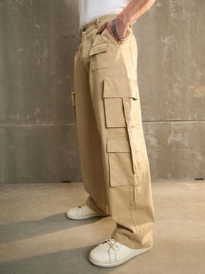 Beige Twill Cargo Pockets Wide Leg Pants-MASCLN SASSAFRAS