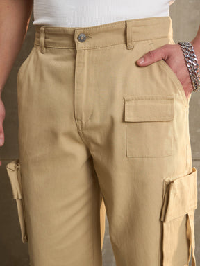 Beige Twill Cargo Pockets Wide Leg Pants-MASCLN SASSAFRAS