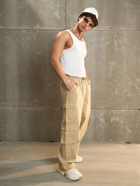 Beige Twill Elasticated Waist Wide Leg Pants-MASCLN SASSAFRAS
