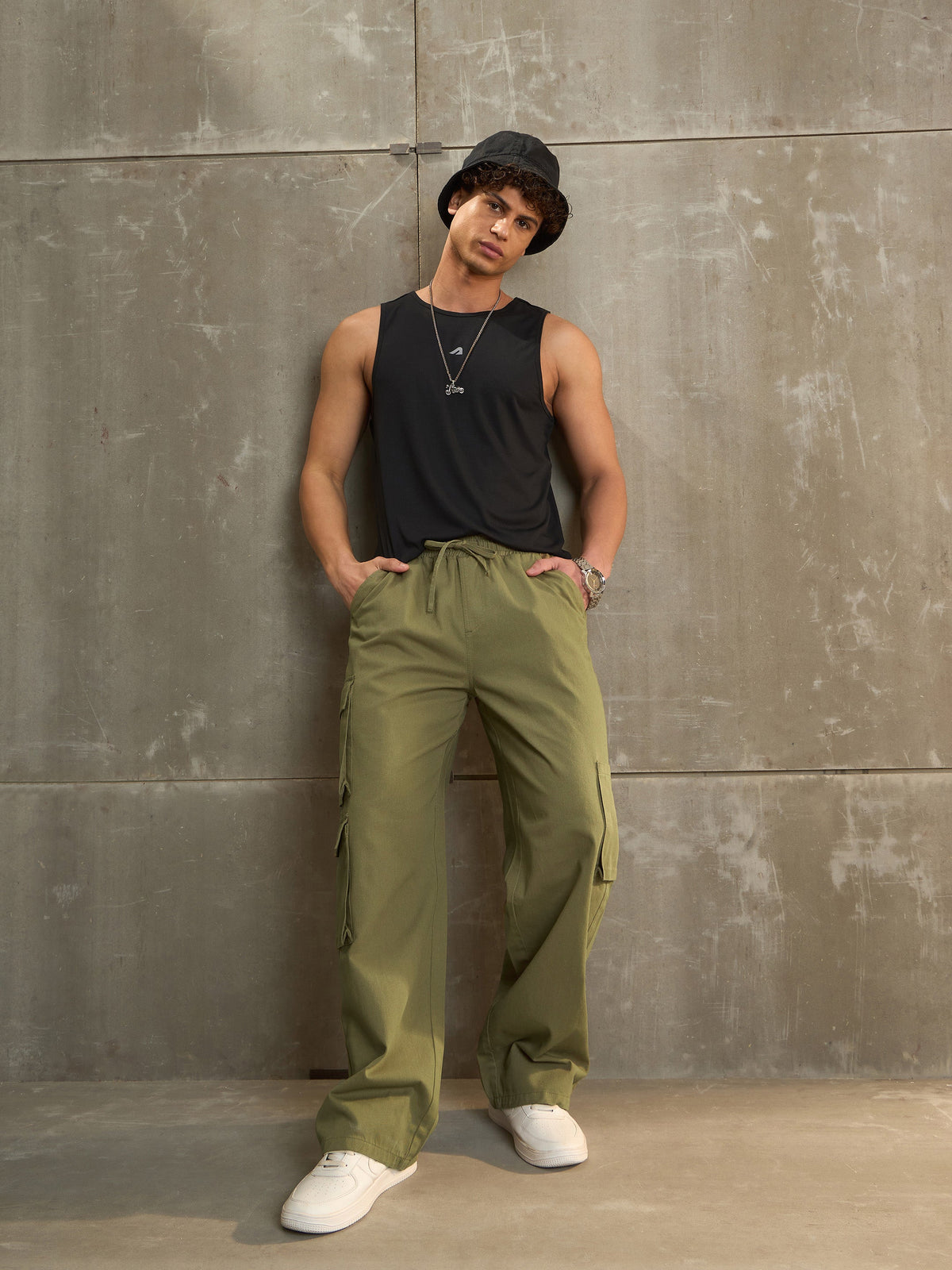 Olive Twill Elasticated Waist Wide Leg Pants-MASCLN SASSAFRAS