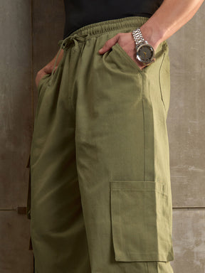 Olive Twill Elasticated Waist Wide Leg Pants-MASCLN SASSAFRAS