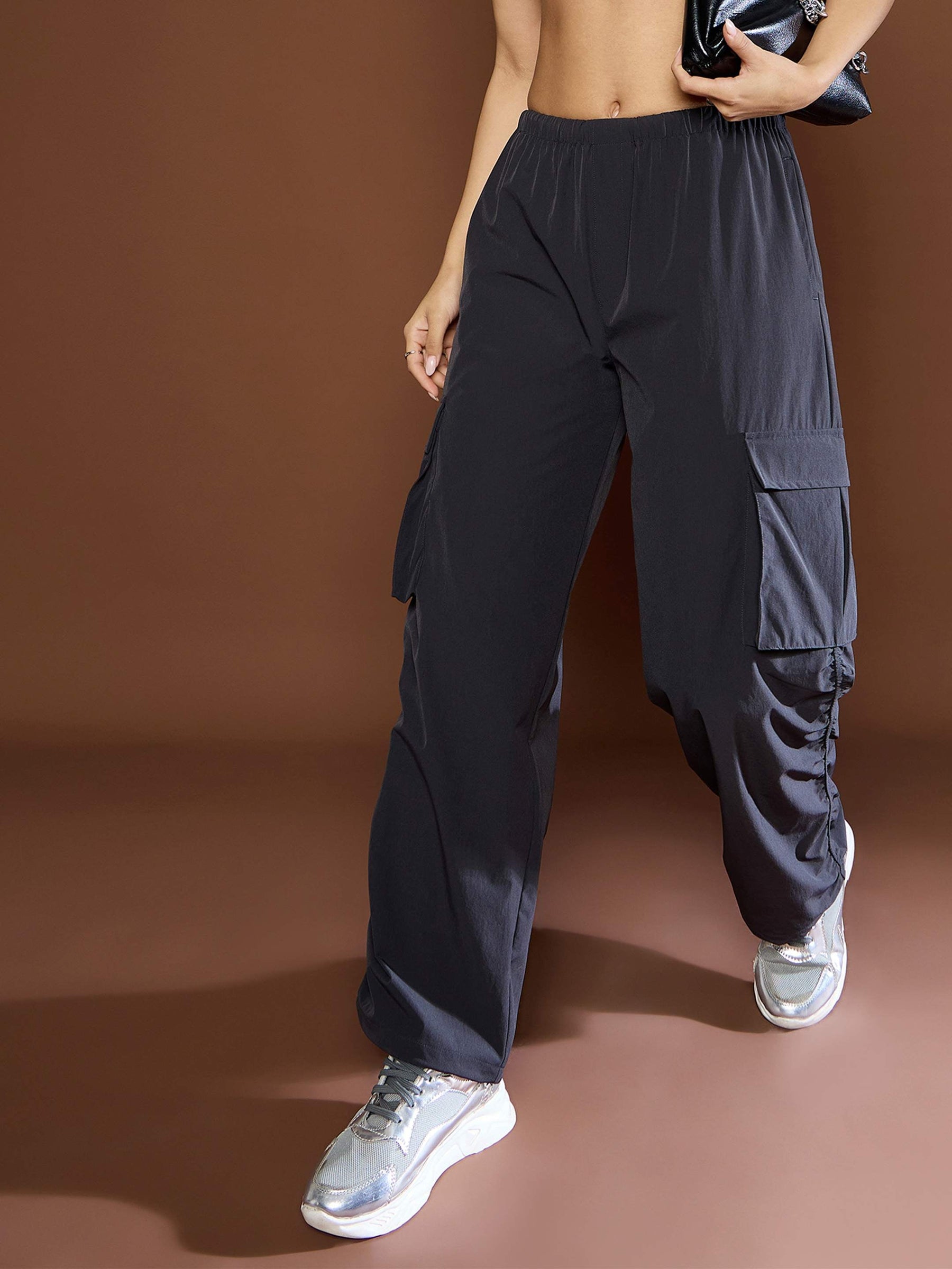 Unisex Dark Grey Side Ruched Baggy Parachute Pants-SASSAFRAS