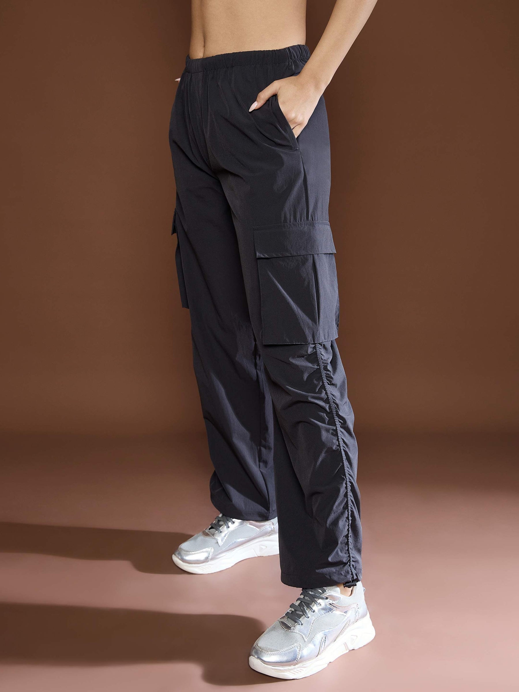 Unisex Dark Grey Side Ruched Baggy Parachute Pants-SASSAFRAS