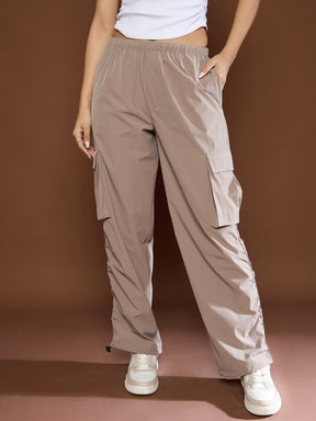 Unisex Taupe Side Ruched Baggy Parachute Pants-SASSAFRAS