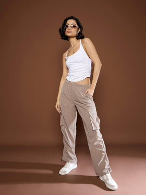 Unisex Taupe Side Ruched Baggy Parachute Pants-SASSAFRAS