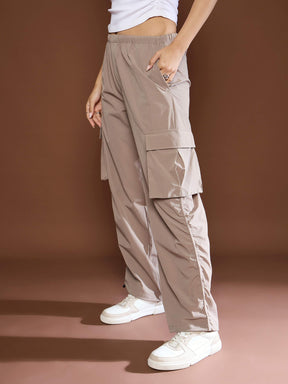 Unisex Taupe Side Ruched Baggy Parachute Pants-SASSAFRAS