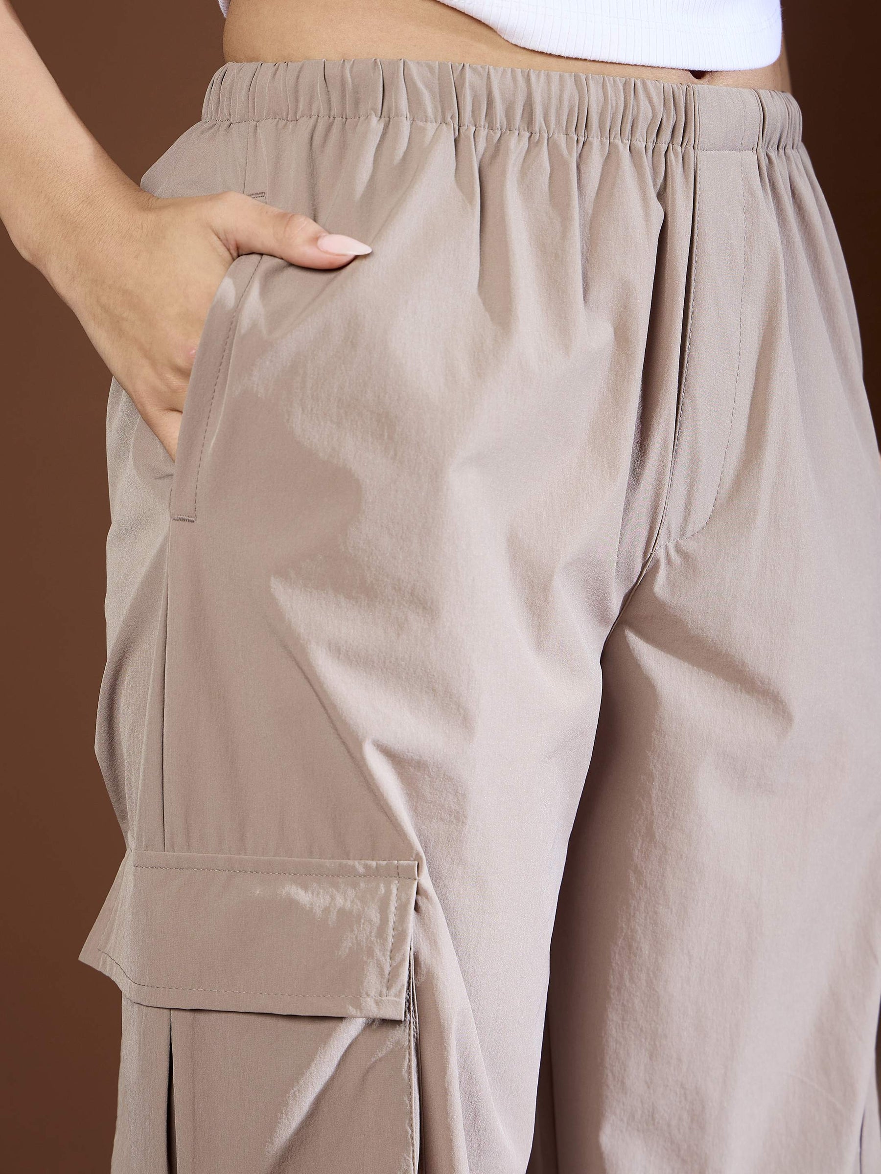 Unisex Taupe Side Ruched Baggy Parachute Pants-SASSAFRAS