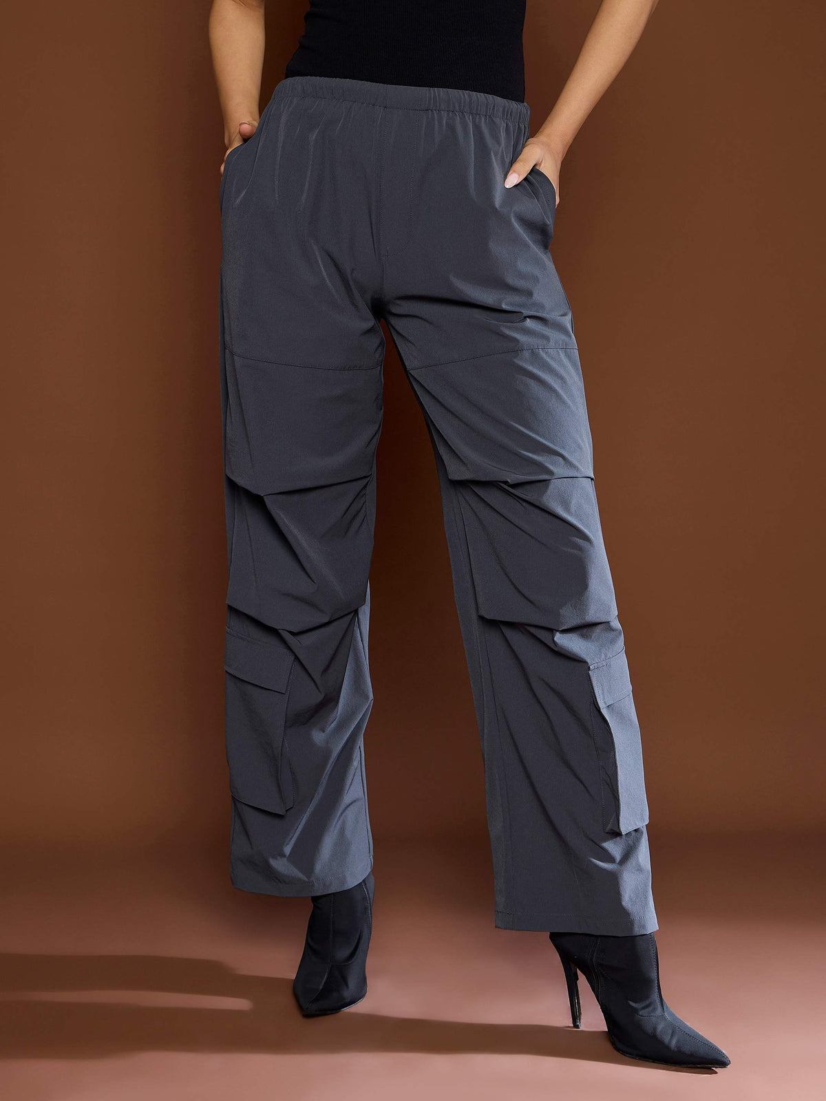 Unisex Dark Grey Pleated Knee Baggy Parachute Pants-SASSAFRAS