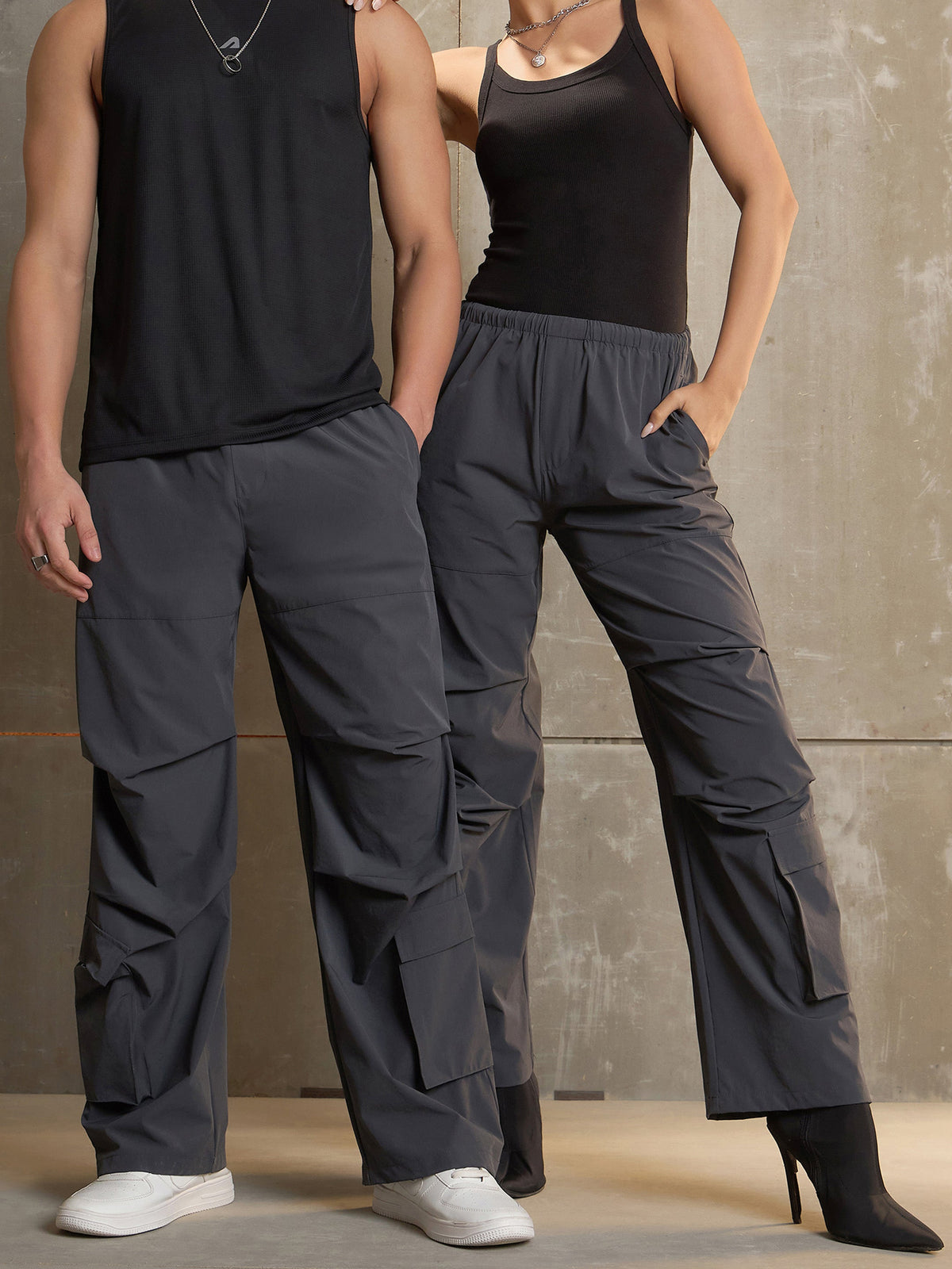 Unisex Dark Grey Pleated Knee Baggy Parachute Pants-MASCLN SASSAFRAS