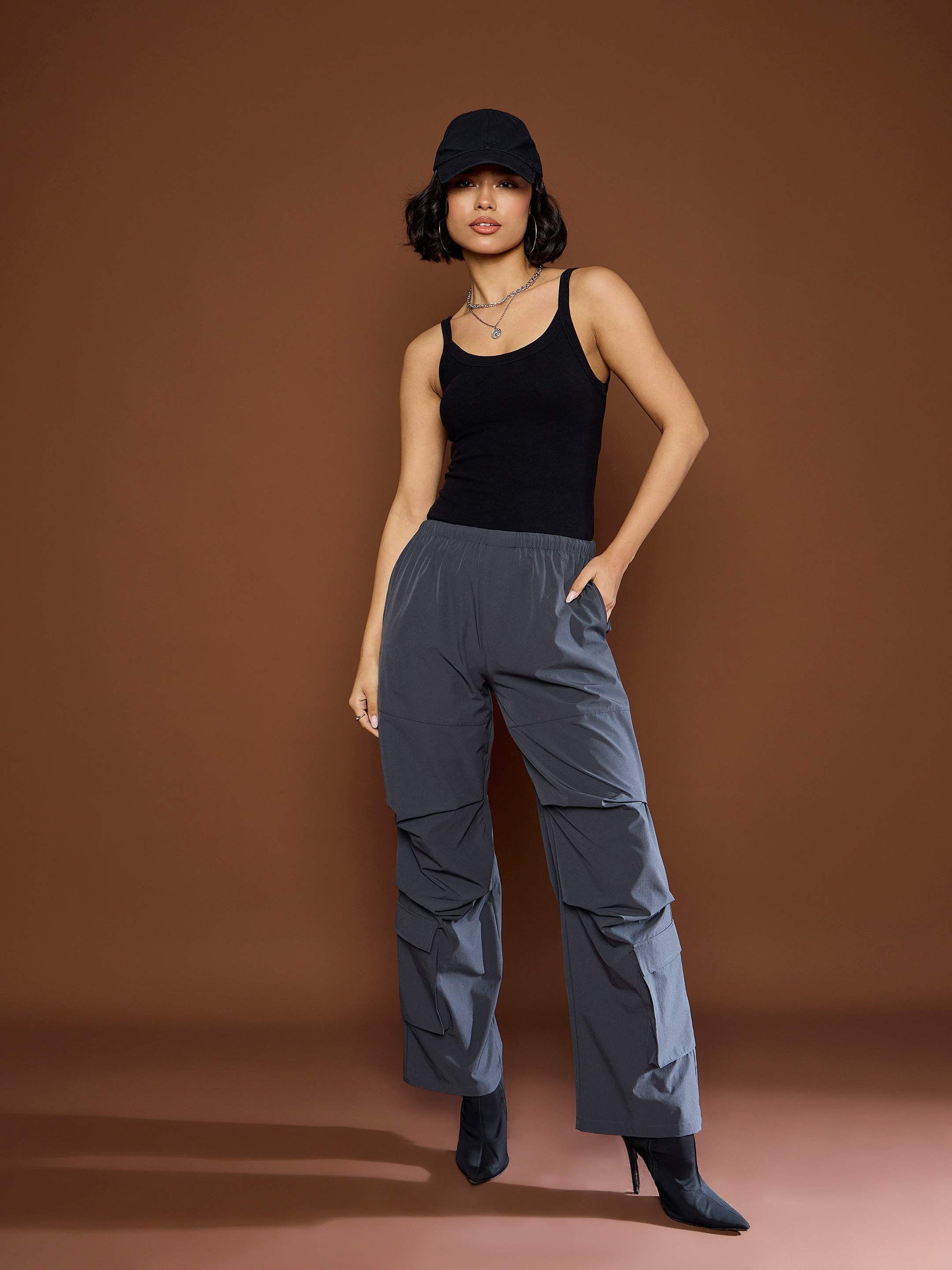 Unisex Dark Grey Pleated Knee Baggy Parachute Pants-SASSAFRAS