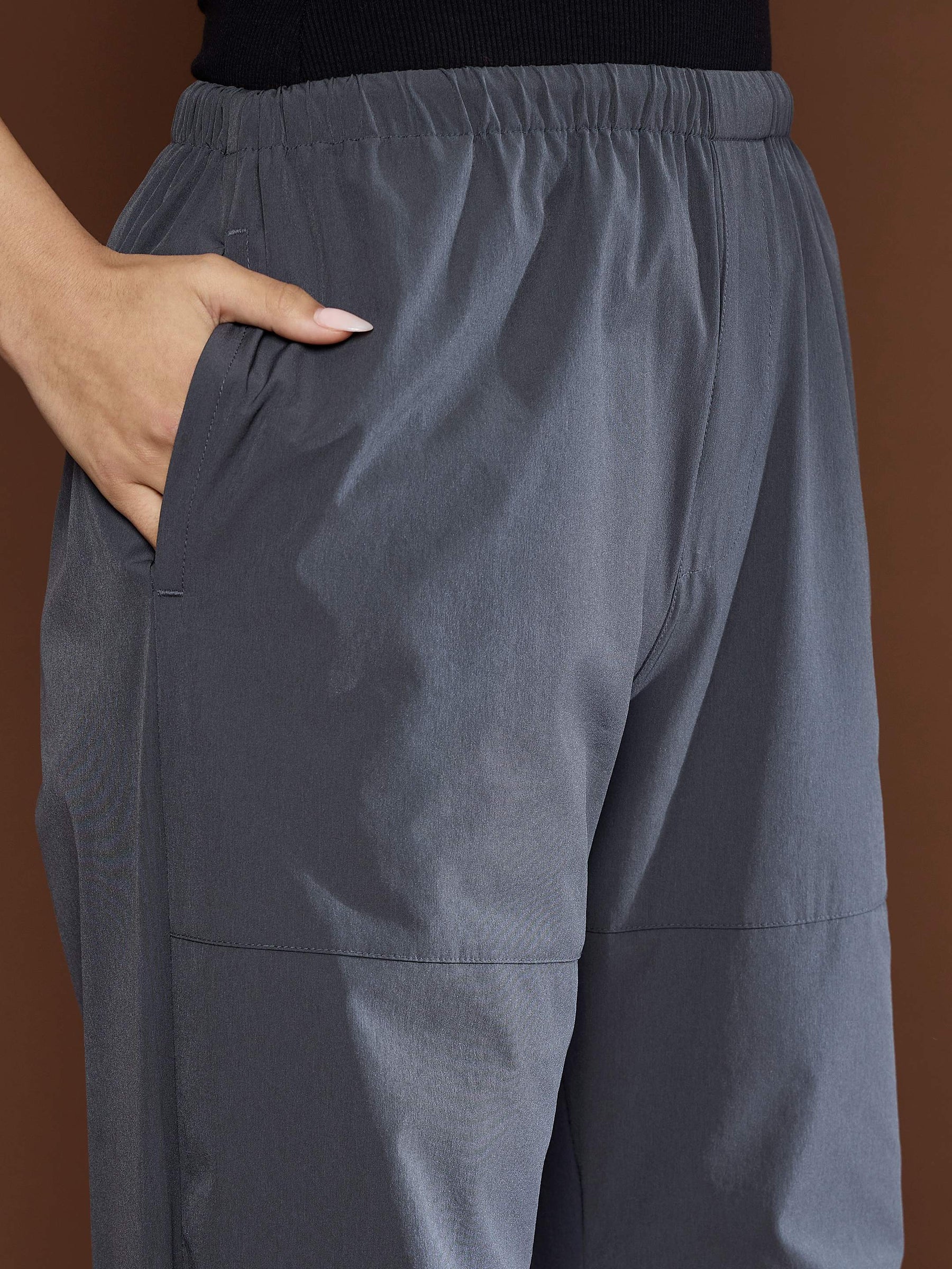 Unisex Dark Grey Pleated Knee Baggy Parachute Pants-SASSAFRAS