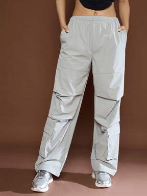 Unisex Light Grey Pleated Knee Baggy Parachute Pants-SASSAFRAS