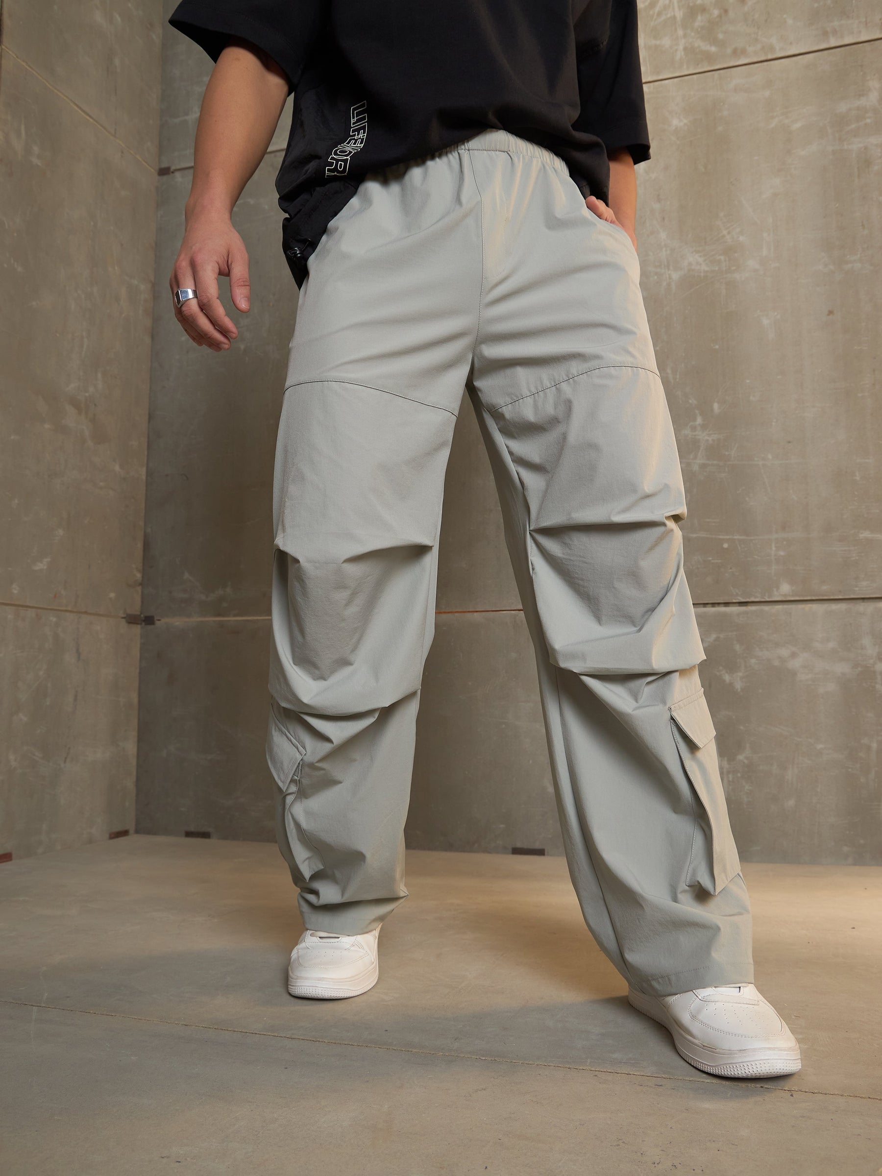 Unisex Light Grey Pleated Knee Baggy Parachute Pants-MASCLN SASSAFRAS