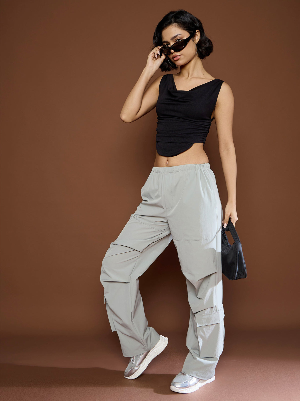 Unisex Light Grey Pleated Knee Baggy Parachute Pants-MASCLN SASSAFRAS