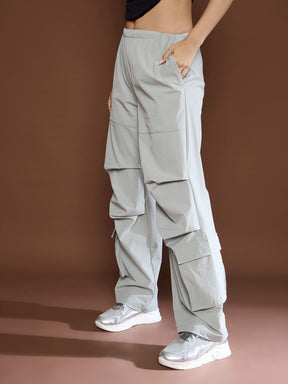 Unisex Light Grey Pleated Knee Baggy Parachute Pants-SASSAFRAS