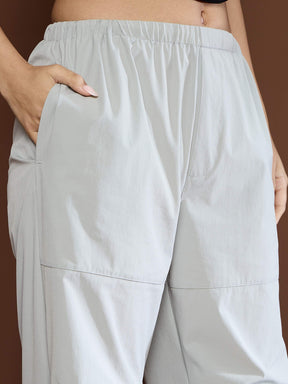 Unisex Light Grey Pleated Knee Baggy Parachute Pants-SASSAFRAS