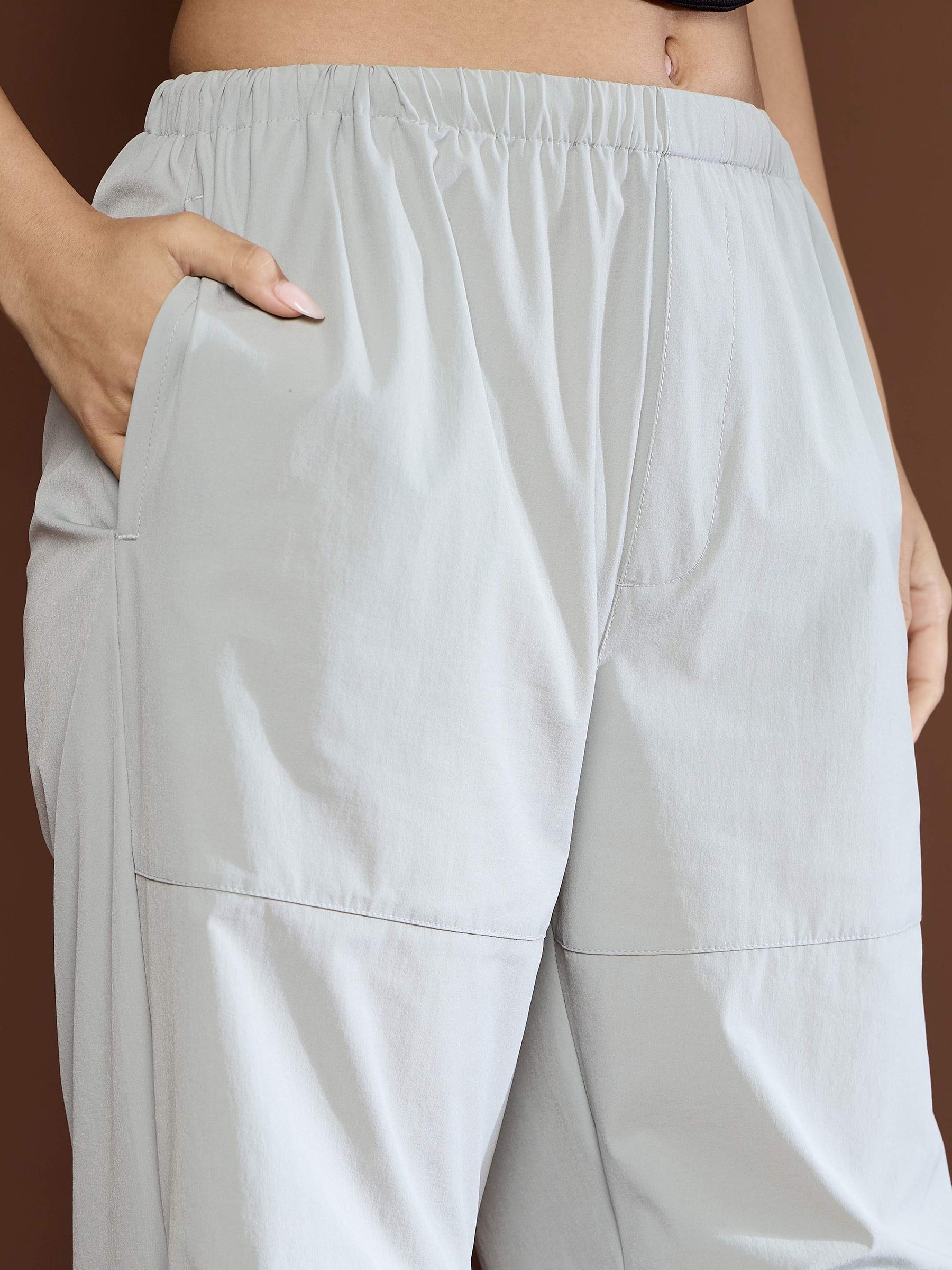 Unisex Light Grey Pleated Knee Baggy Parachute Pants-MASCLN SASSAFRAS