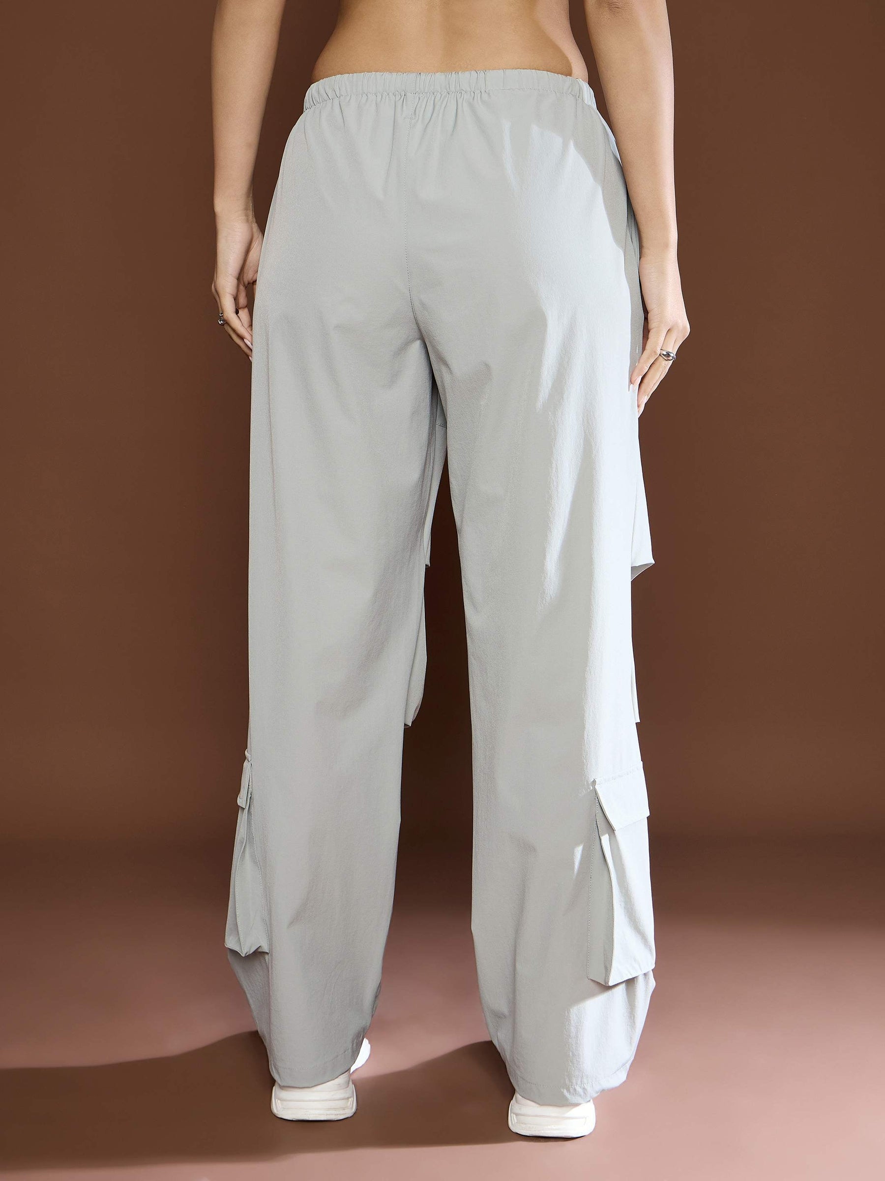 Unisex Light Grey Pleated Knee Baggy Parachute Pants-SASSAFRAS