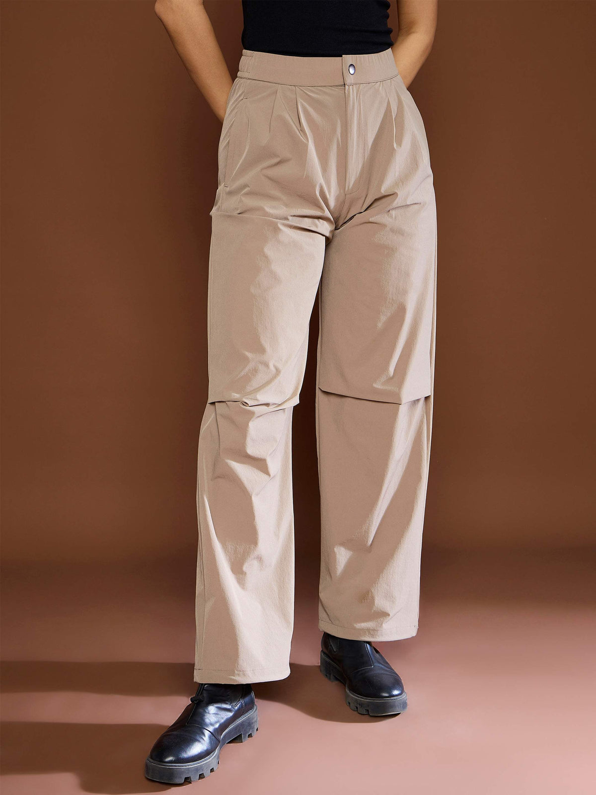 Unisex Taupe Front Dart Baggy Parachute Pants-SASSAFRAS