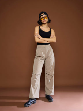 Unisex Taupe Front Dart Baggy Parachute Pants-SASSAFRAS