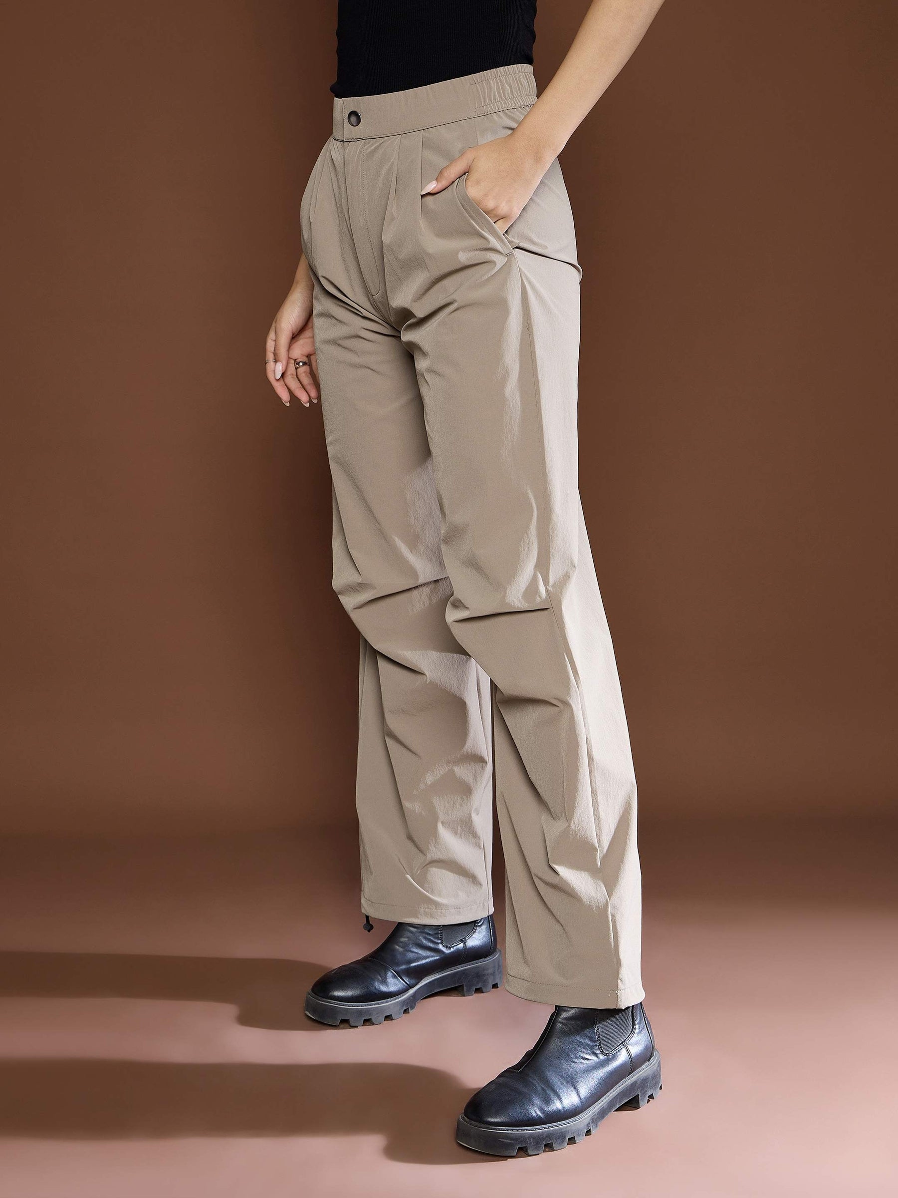 Unisex Taupe Front Dart Baggy Parachute Pants-SASSAFRAS