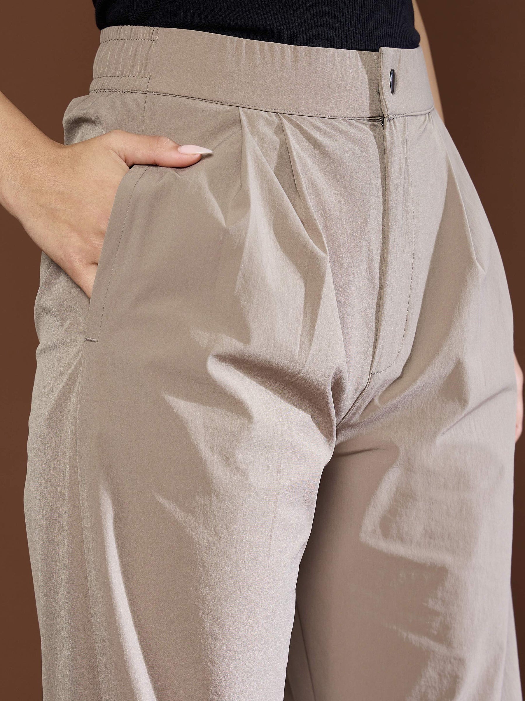 Unisex Taupe Front Dart Baggy Parachute Pants-SASSAFRAS