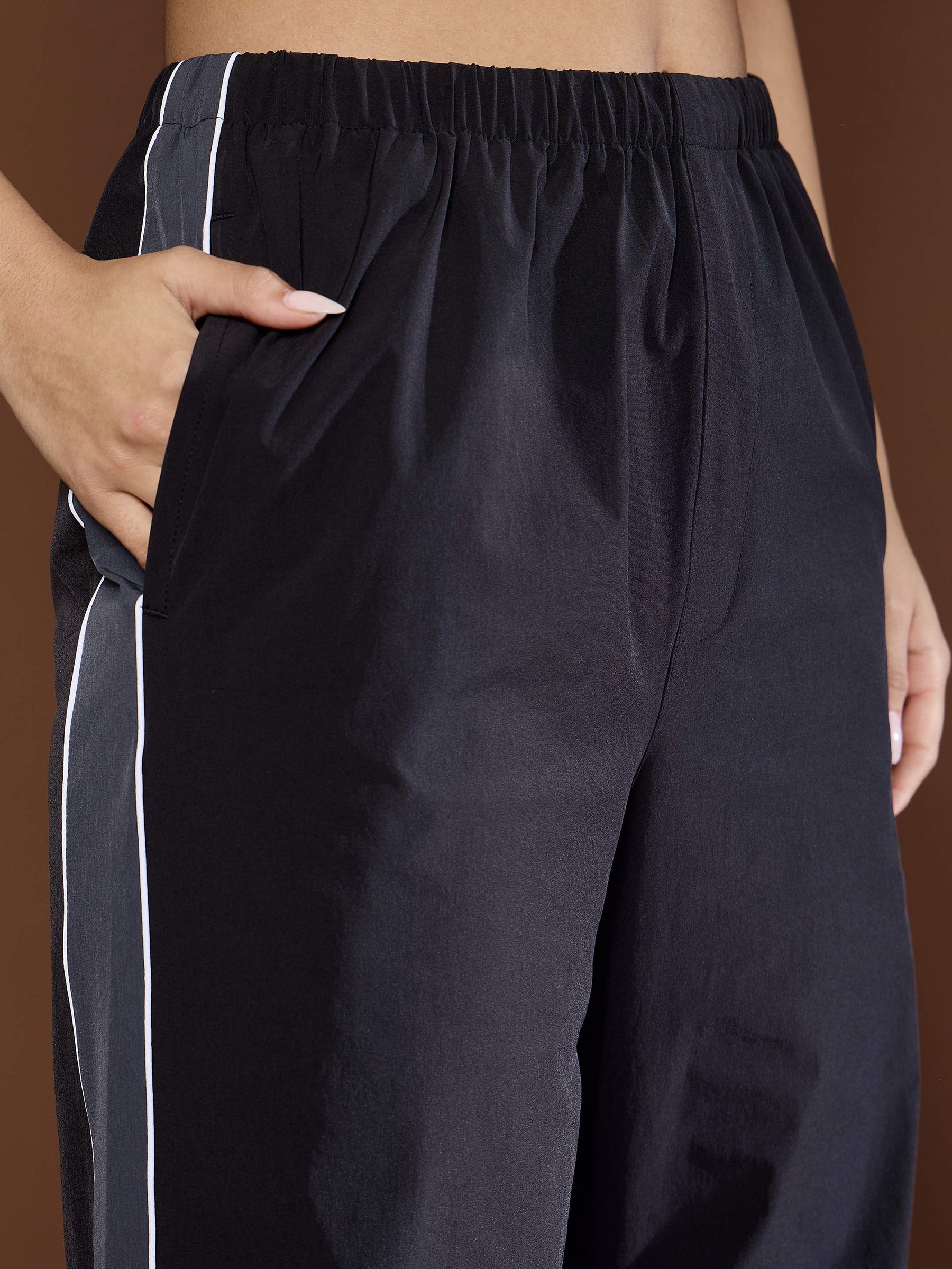 Unisex Black Side Panel Baggy Parachute Pants-MASCLN SASSAFRAS