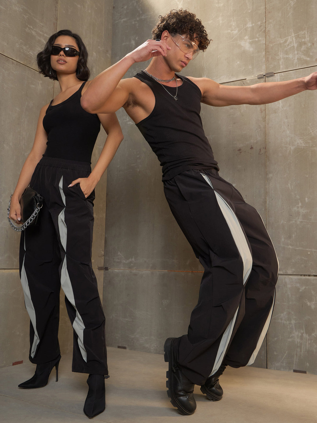 Unisex Black Front Invert Pleat Baggy Parachute Pants-MASCLN SASSAFRAS