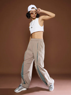 Unisex Taupe Front Invert Pleat Baggy Parachute Pants-SASSAFRAS