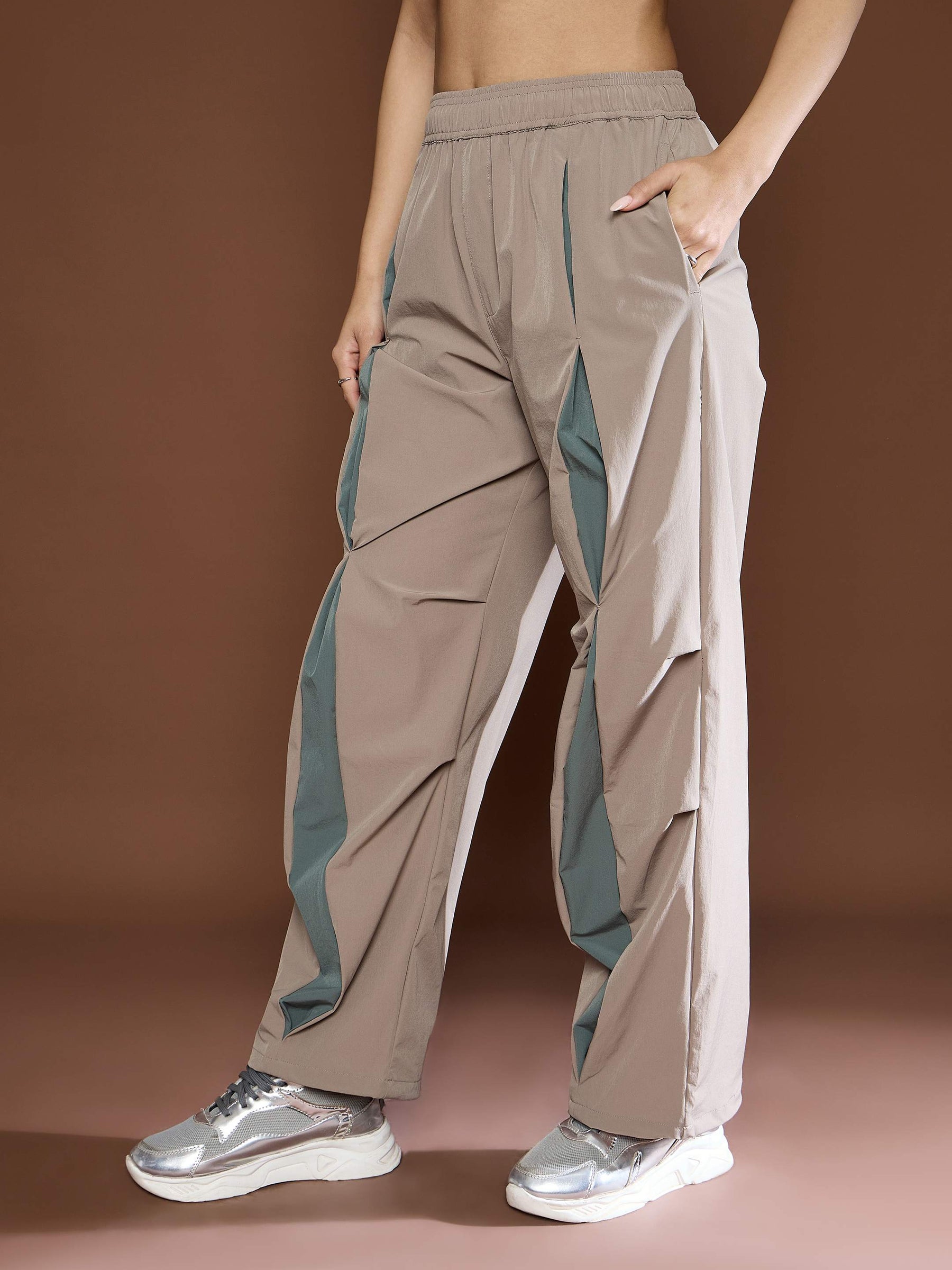 Unisex Taupe Front Invert Pleat Baggy Parachute Pants-MASCLN SASSAFRAS