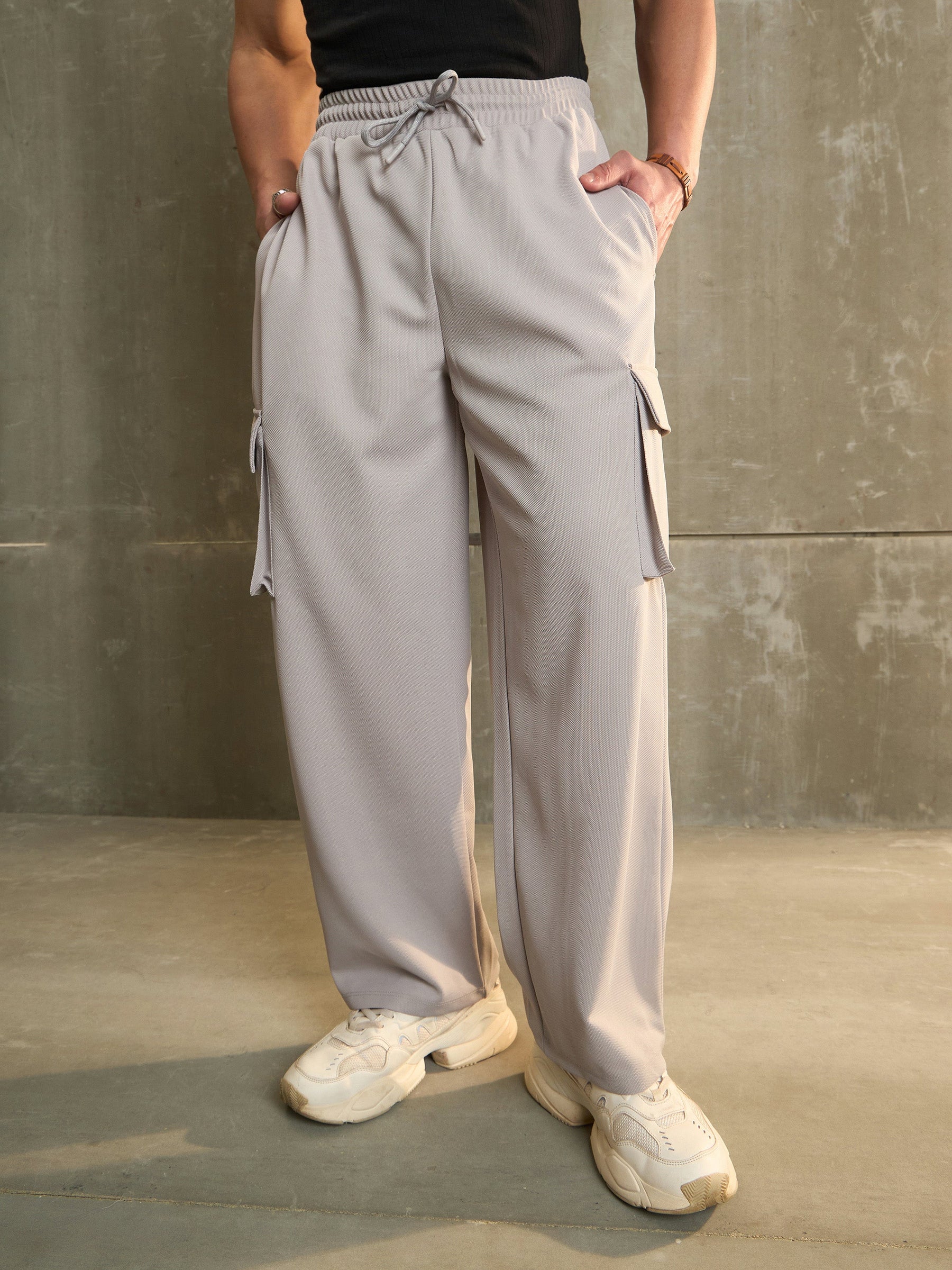 Men Light Grey Side Pocket Wide Leg Pants - Main Image
